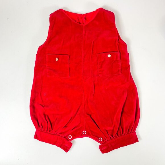 Vintage Handmade Red Velvet Baby Romper Button Closure Pockets - Picture 2 of 9
